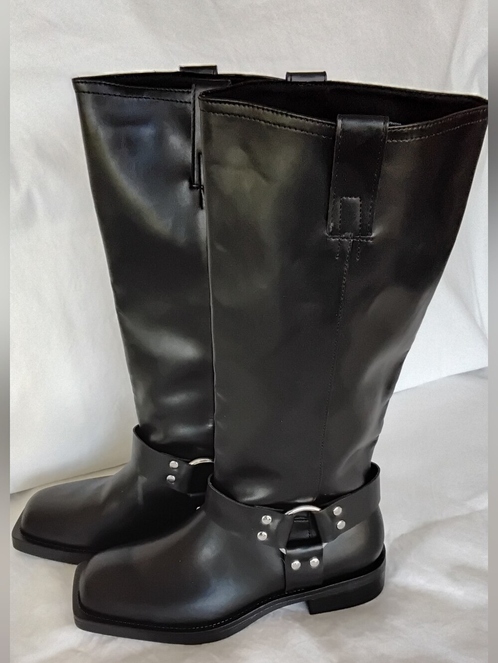 Time & Tru Black Mid-Calf Harness Heeled Boots For Women